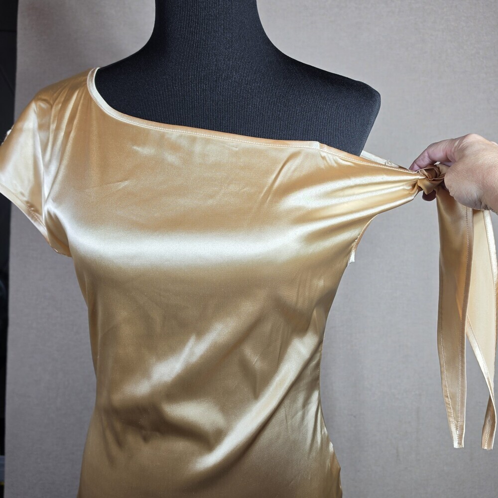 VIDUSSA Womens XS Gold Off The Shoulder Satin Silky Bow Blouse Top